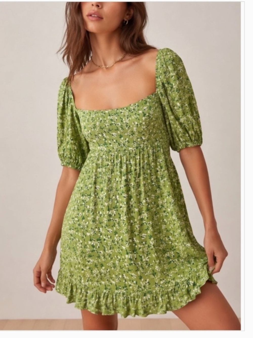 Reformation Bristol Samantha Green Floral Empire Waist Mini Puff Sleeve Dress XL